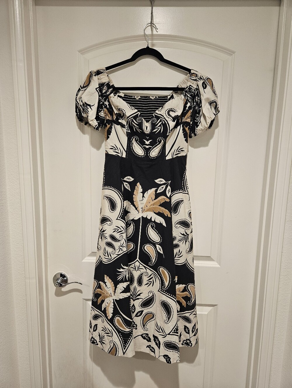 Maeve By Anthropologie Black, Cream & Tan Printed Puff-Sleeve Midi Dress # 930